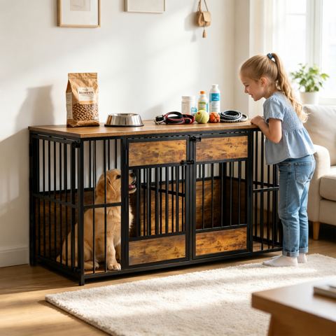 47-Inch Wooden Dog Crate with Storage Top