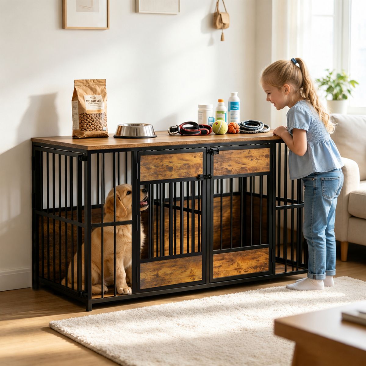 47-Inch Wooden Dog Crate with Storage Top
