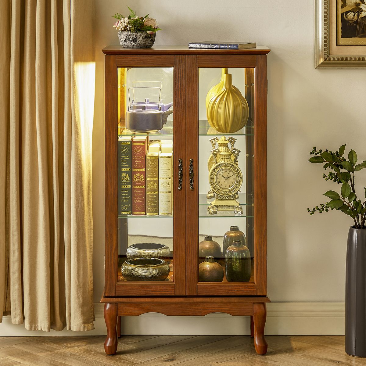 Lighted Corner Curio Cabinet with Glass Doors