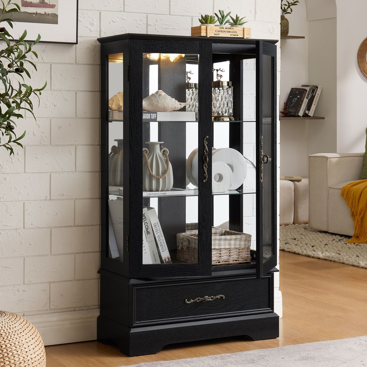 Lighted Glass Curio Cabinet with Drawer — view 2