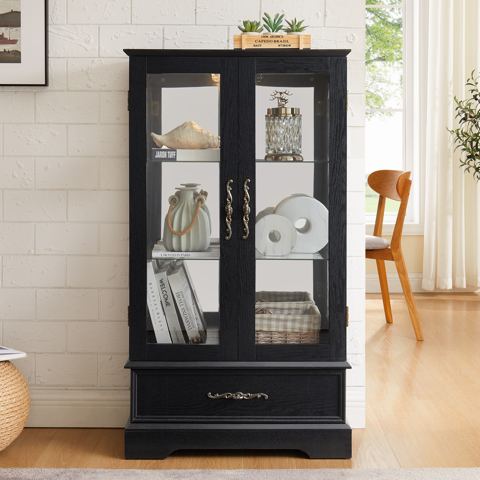 Lighted Glass Curio Cabinet with Drawer