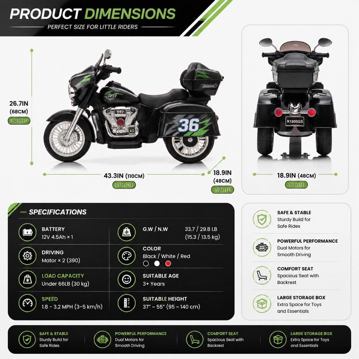 12V Kids Ride-On Motorcycle with Storage Trunk — view 2