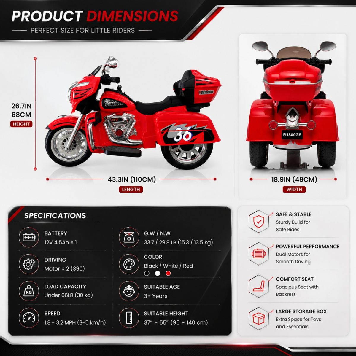 12V Ride-On Motorcycle with Trunk, Red — view 2