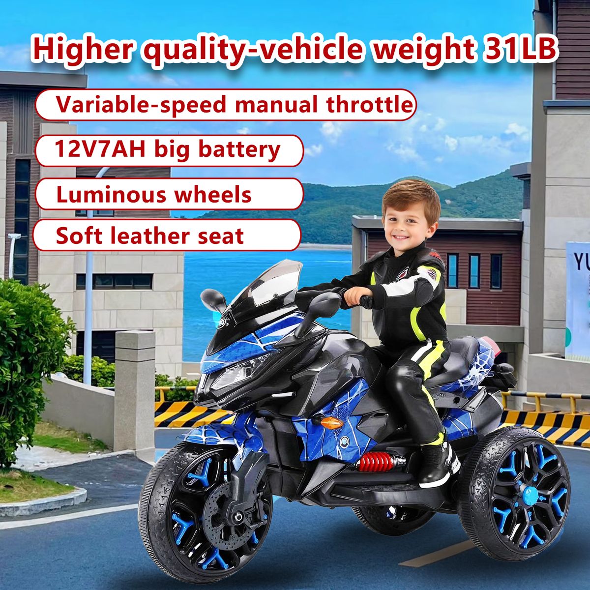 12V Three-Wheel Ride-On Motorcycle, Blue — view 3
