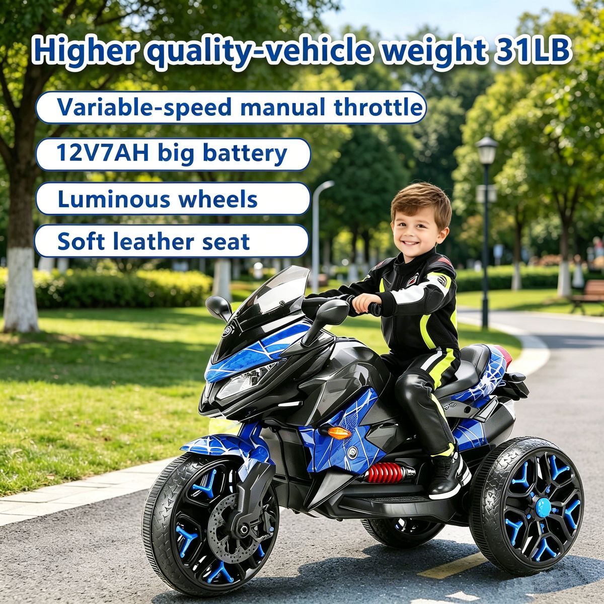 12V Three-Wheel Ride-On Motorcycle, Blue — view 4