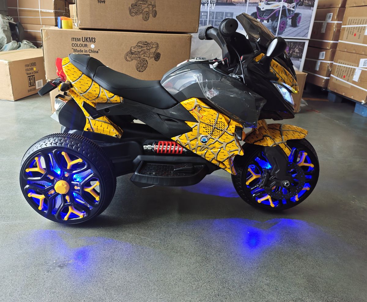 12V Three-Wheel Ride-On Motorcycle, Yellow — view 2
