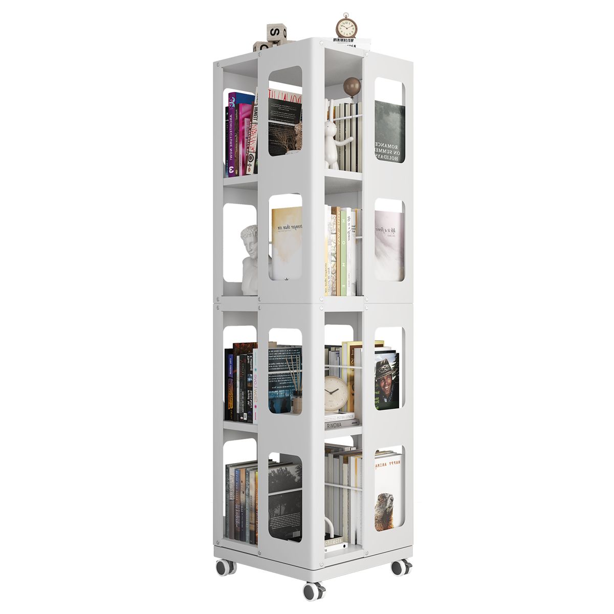 4-Tier Rotating Steel Bookshelf on Wheels