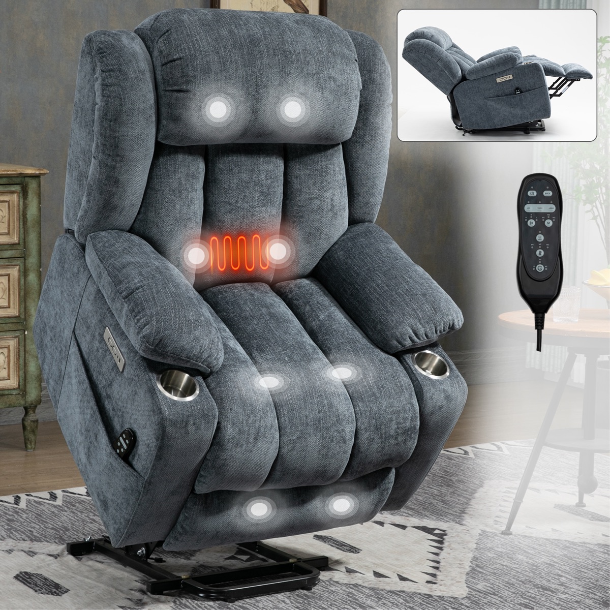 Chenille Power-Lift Recliner, 8-Point Massage