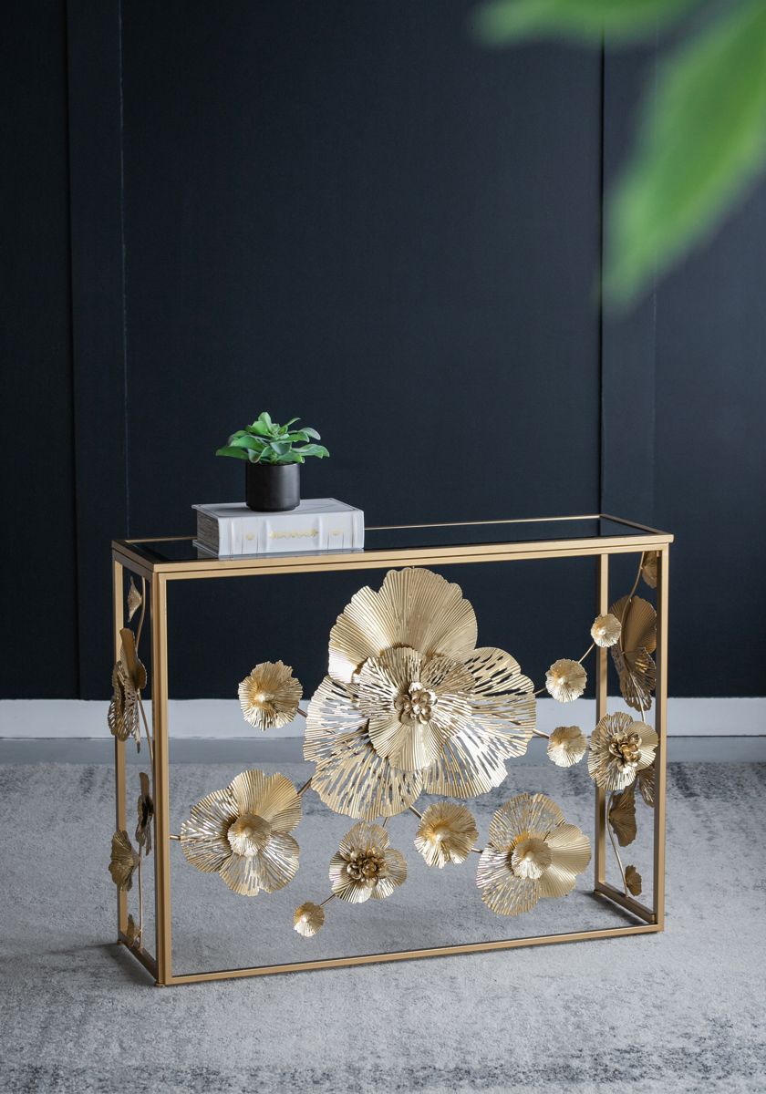 Floral Metal Console Table with Mirrored Top