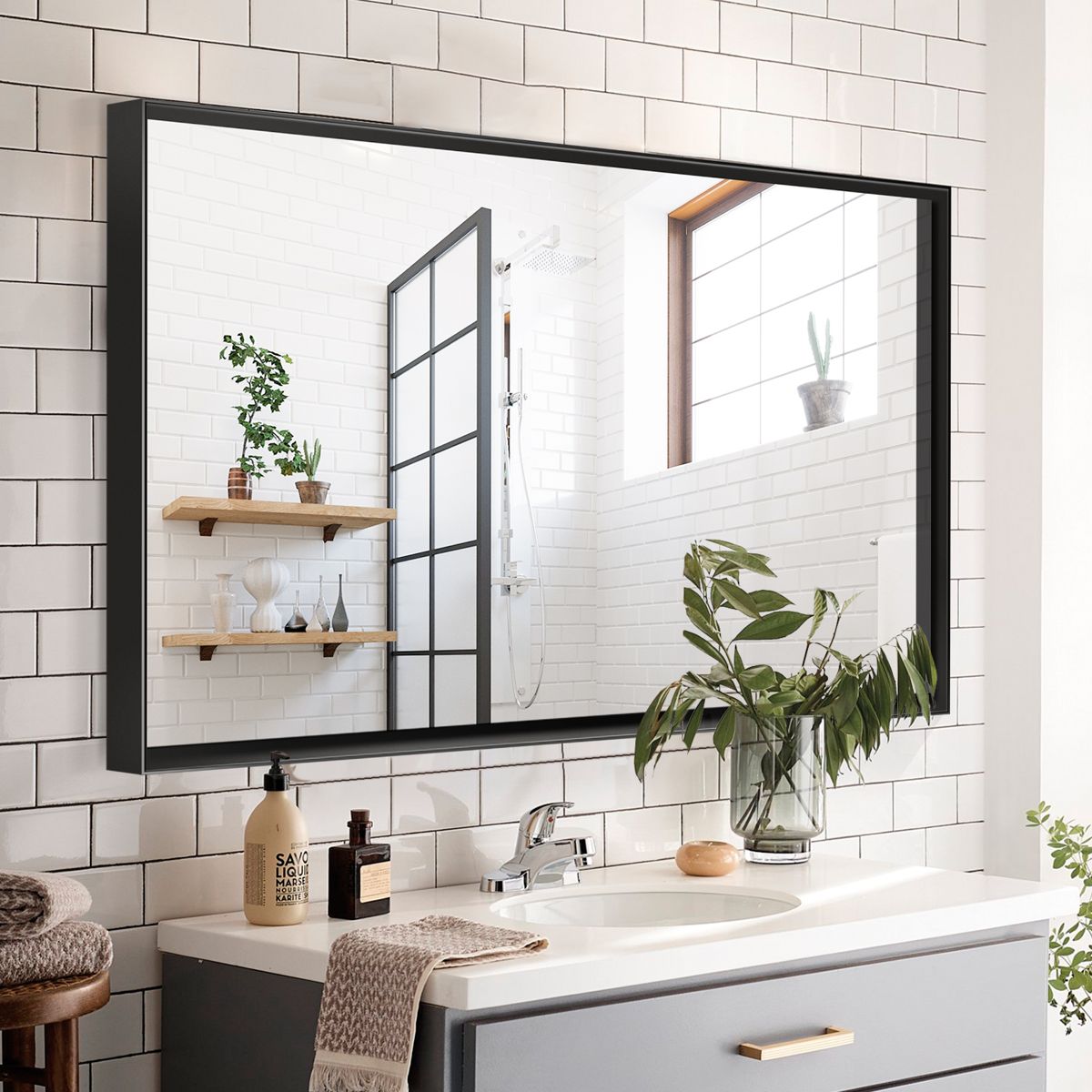 Glossy Black Metal-Frame Rectangle Mirror — view 3