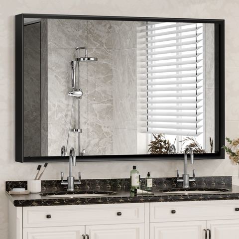 Glossy Black Metal-Frame Rectangle Mirror