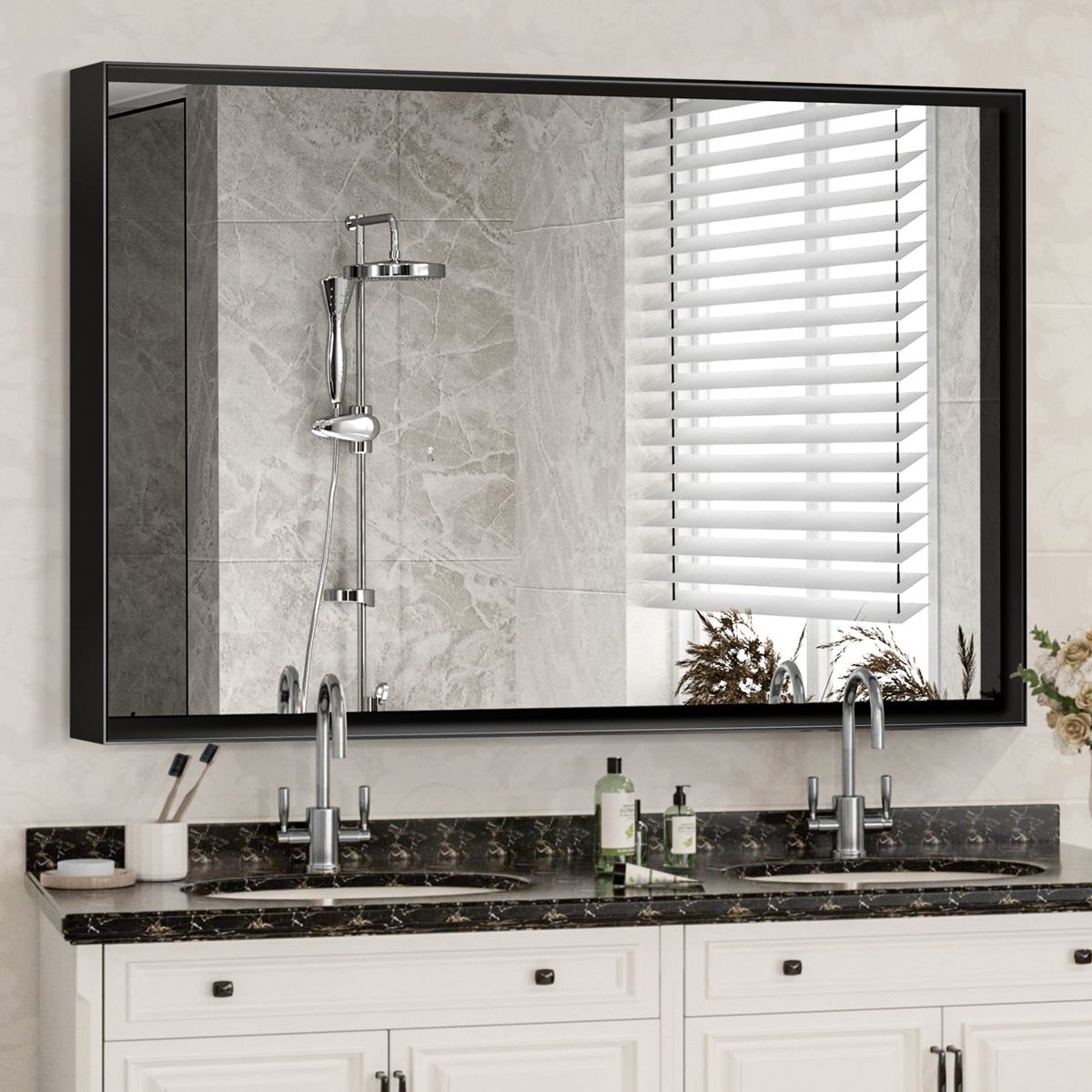 Glossy Black Metal-Frame Rectangle Mirror