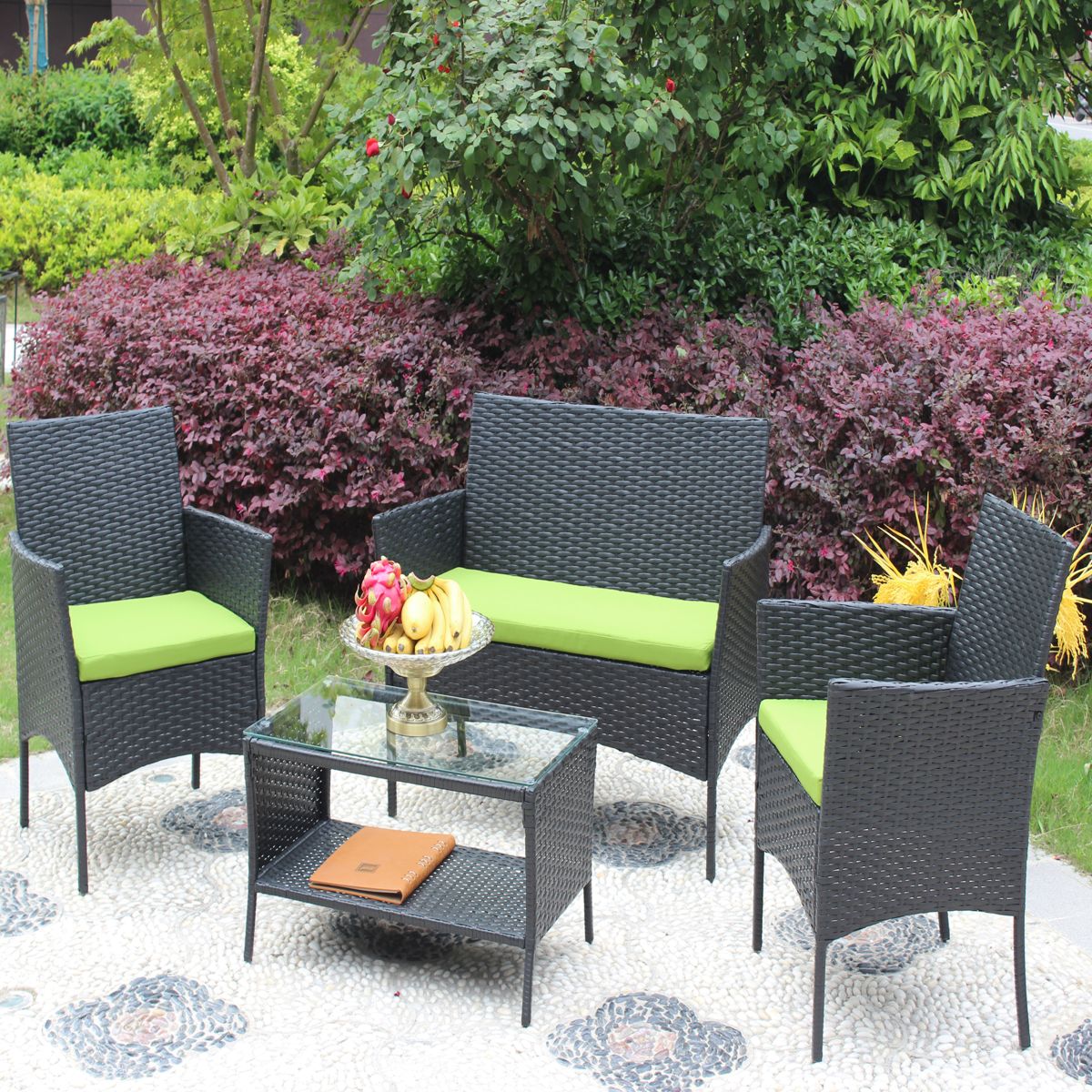 4-Piece Wicker Loveseat Set with Glass Table