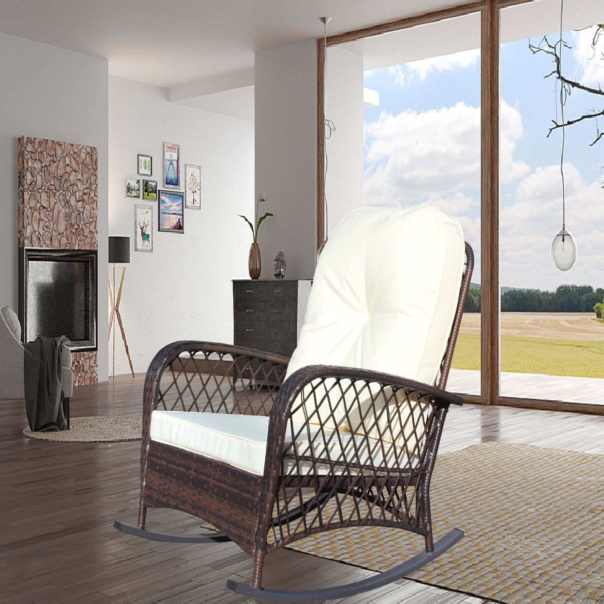 Wide-Seat Wicker Rocking Chair with Cushion — view 2