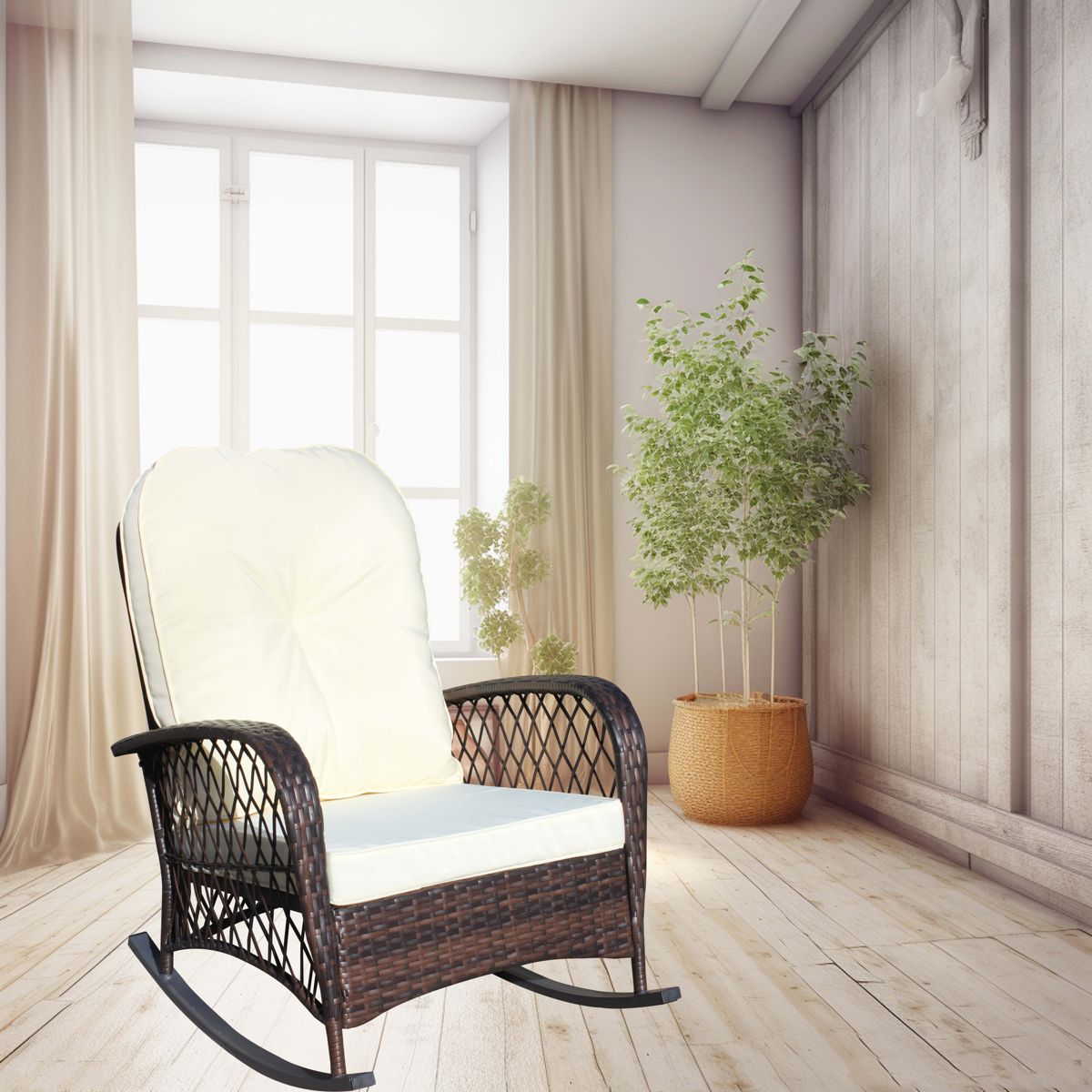 Wide-Seat Wicker Rocking Chair with Cushion — view 4