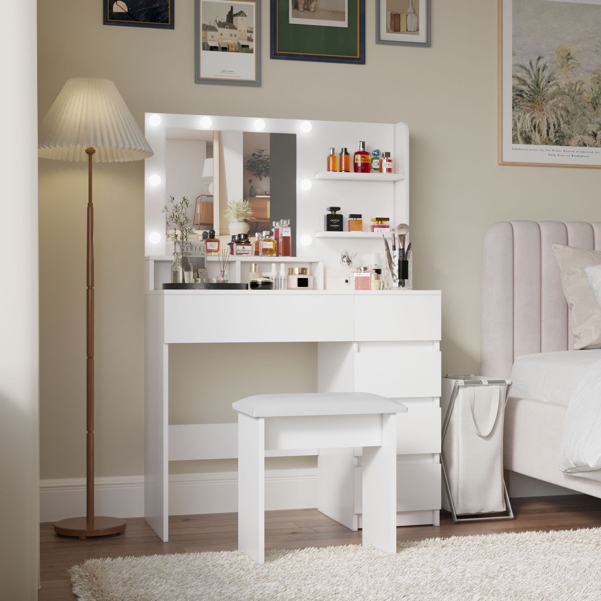 Vanity Desk Set with 10-Bulb Mirror and Stool — view 2