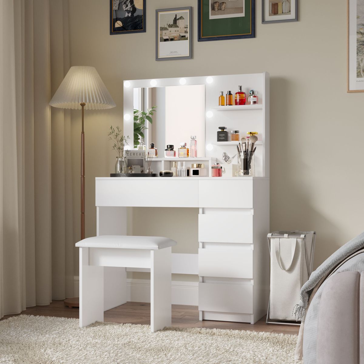 Vanity Desk Set with 10-Bulb Mirror and Stool — view 3