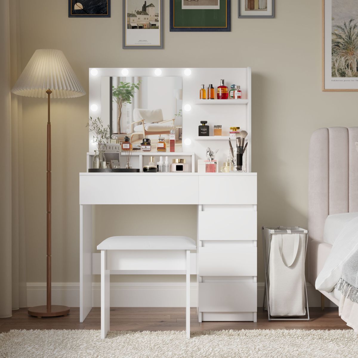 Vanity Desk Set with 10-Bulb Mirror and Stool