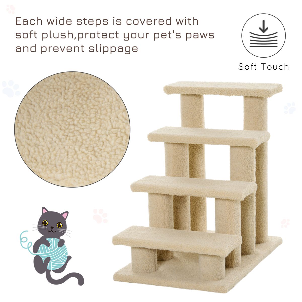 4-Step Carpeted Cat Stairs with 8 Posts, Brown — view 4