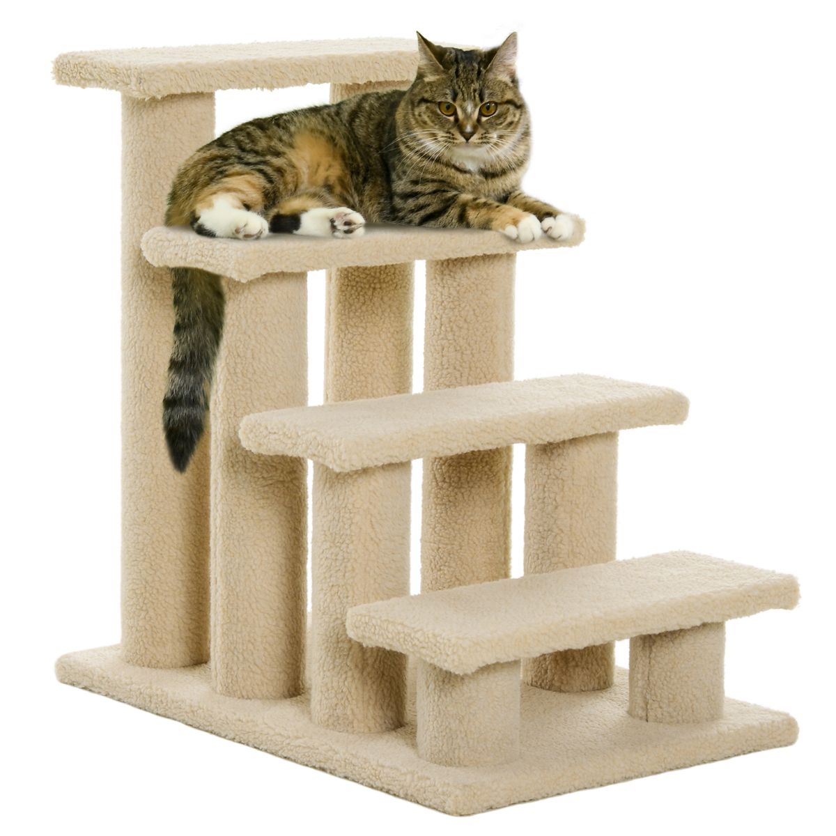 4-Step Carpeted Cat Stairs with 8 Posts, Brown
