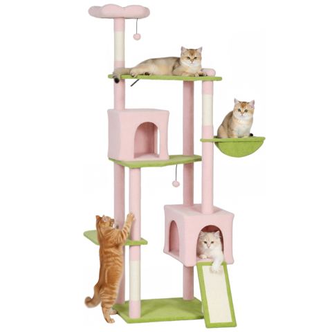 74-Inch Flower Cat Tree with Two Condos and Ramp