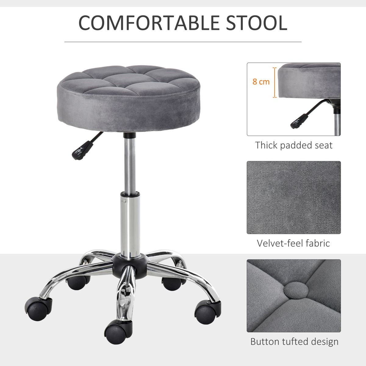 Tufted Rolling Vanity Stool, Height Adjustable — view 4