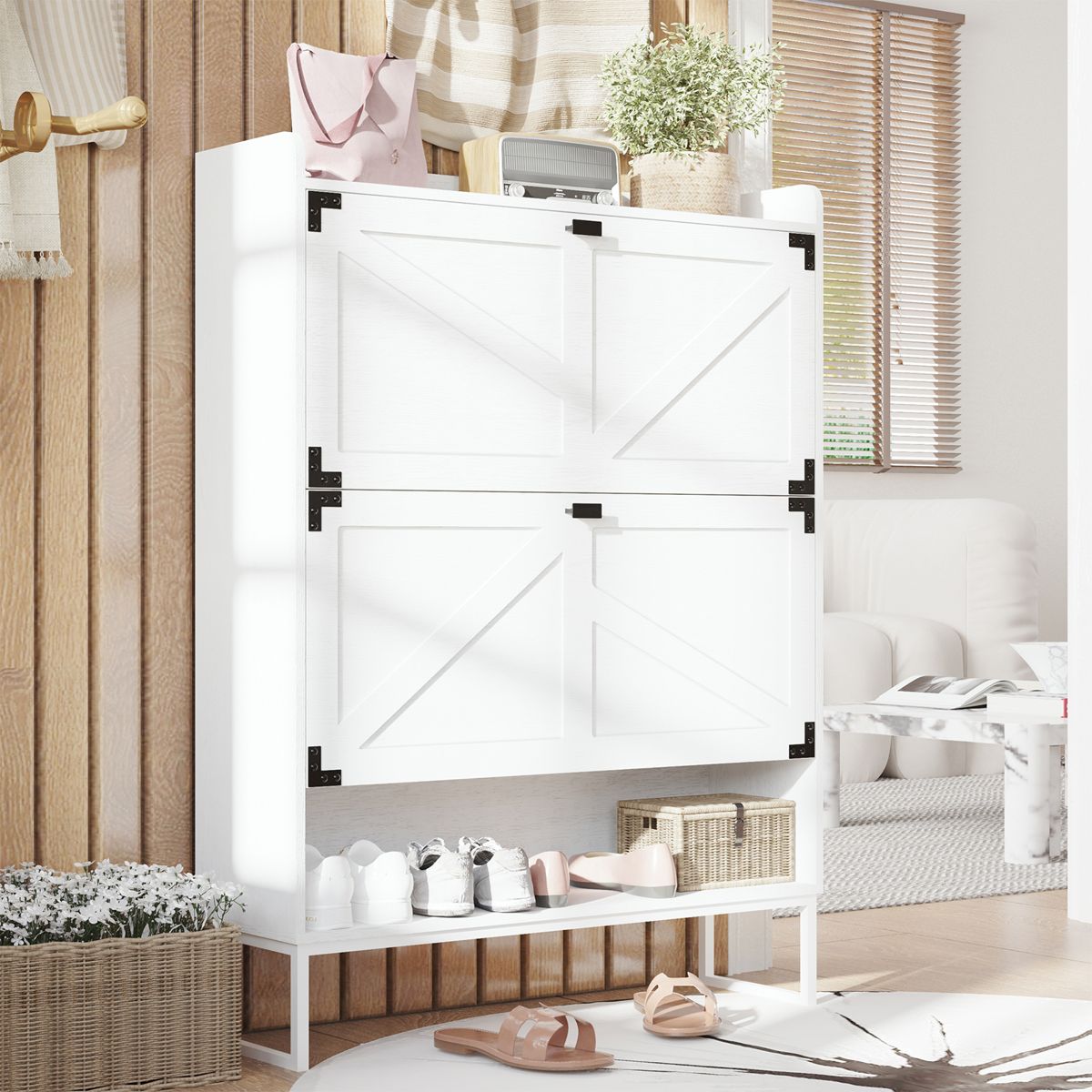 Farmhouse Shoe Cabinet with 2 Flip Drawers