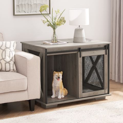 Farmhouse Dog Crate with Sliding Barn Door