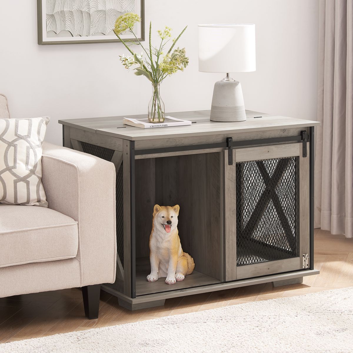 Farmhouse Dog Crate with Sliding Barn Door
