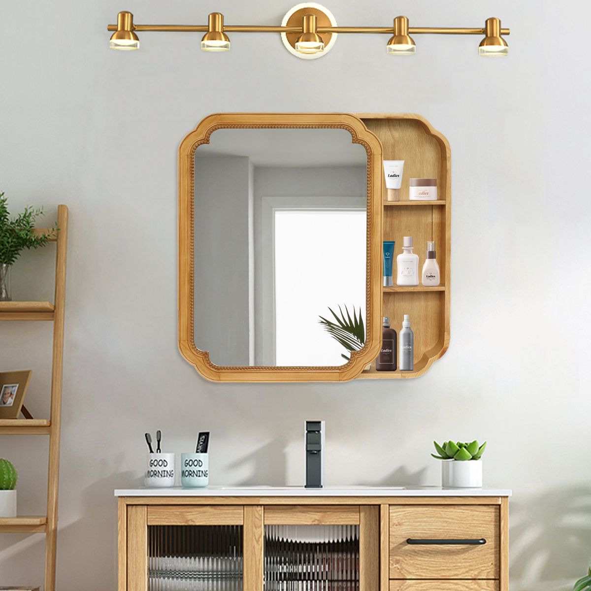Wood Framed Mirror Cabinet with Storage Shelves — view 2