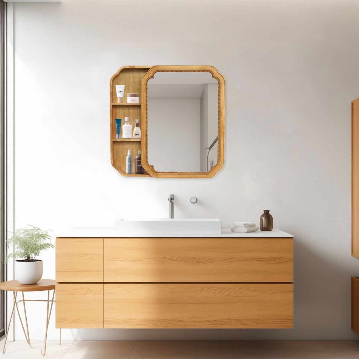 Wood Framed Mirror Cabinet with Storage Shelves — view 4