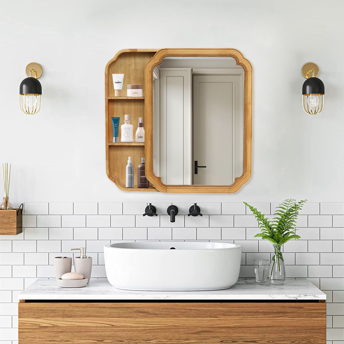 Wood Framed Mirror Cabinet with Storage Shelves