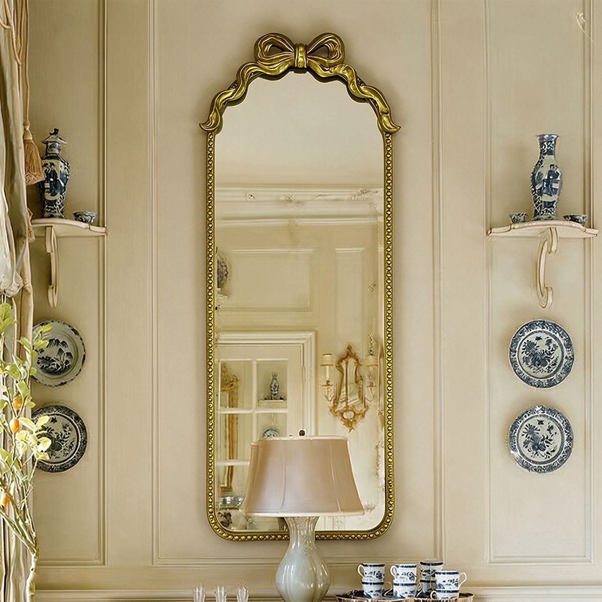 Gold Ornate Full Length Mirror with Bow Crown