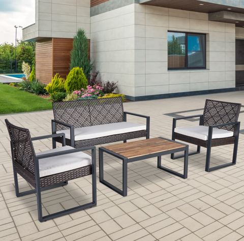 4-Piece Wicker Patio Set with Acacia Table Top