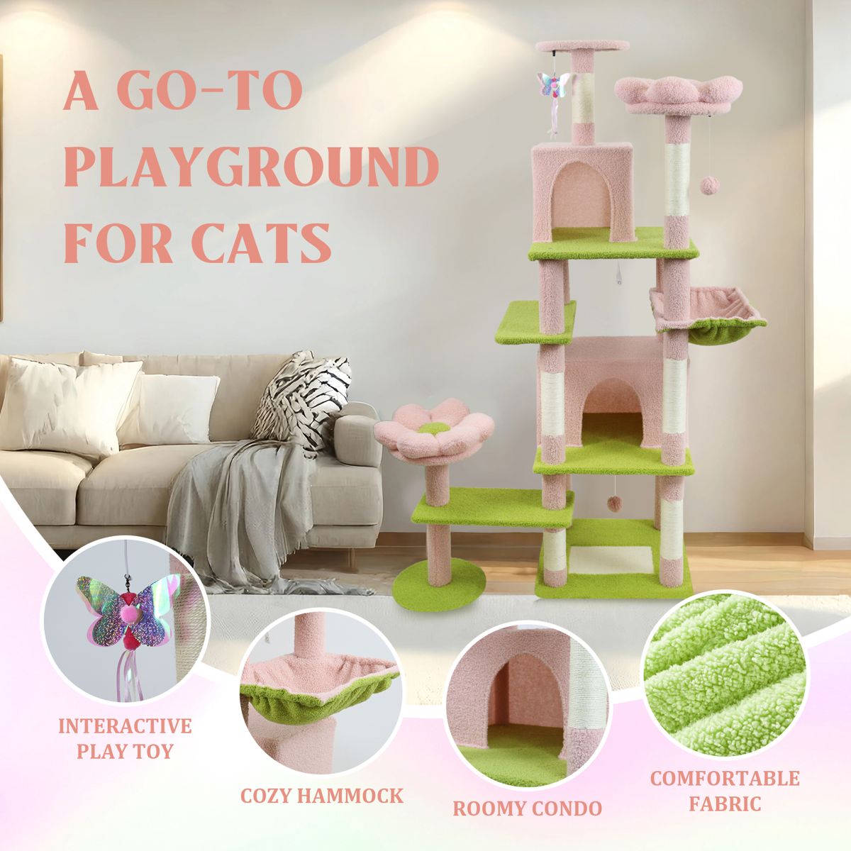 71-Inch Flower Cat Tree with Hammock — view 2