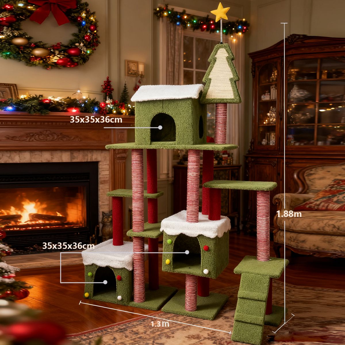 74-Inch Wide Christmas Cat Tree with Star — view 4