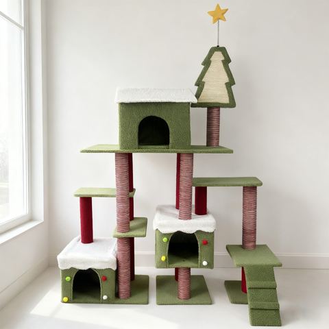 74-Inch Wide Christmas Cat Tree with Star