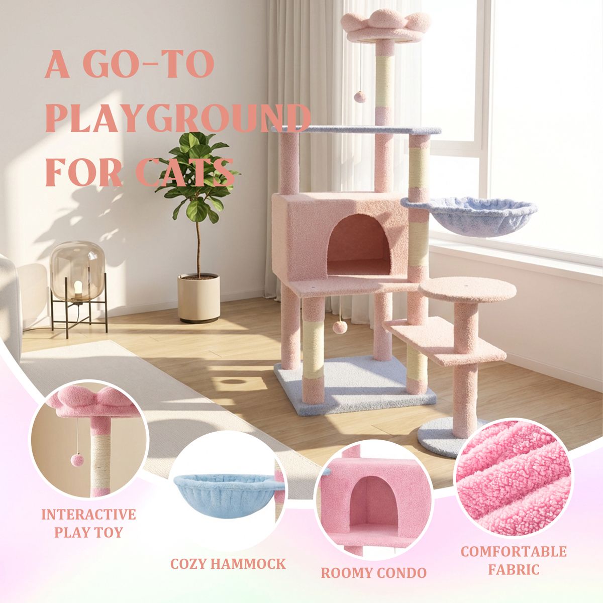 56-Inch Flower Cat Tree with Hammock — view 2