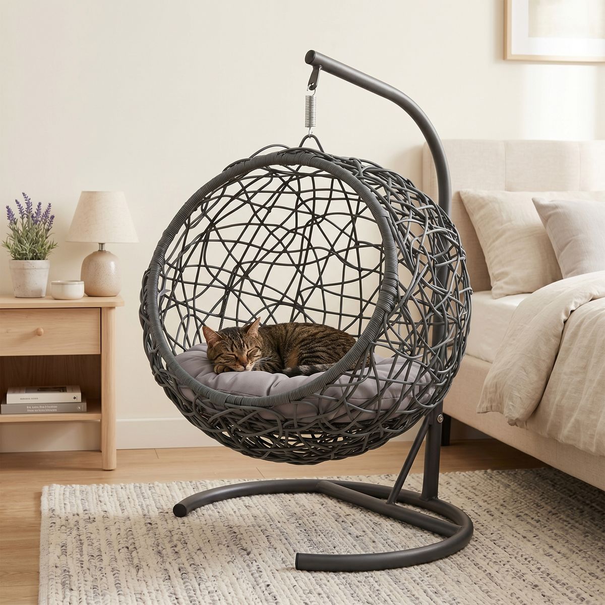 Wicker-Look Hanging Cat Egg Chair with Stand — view 2
