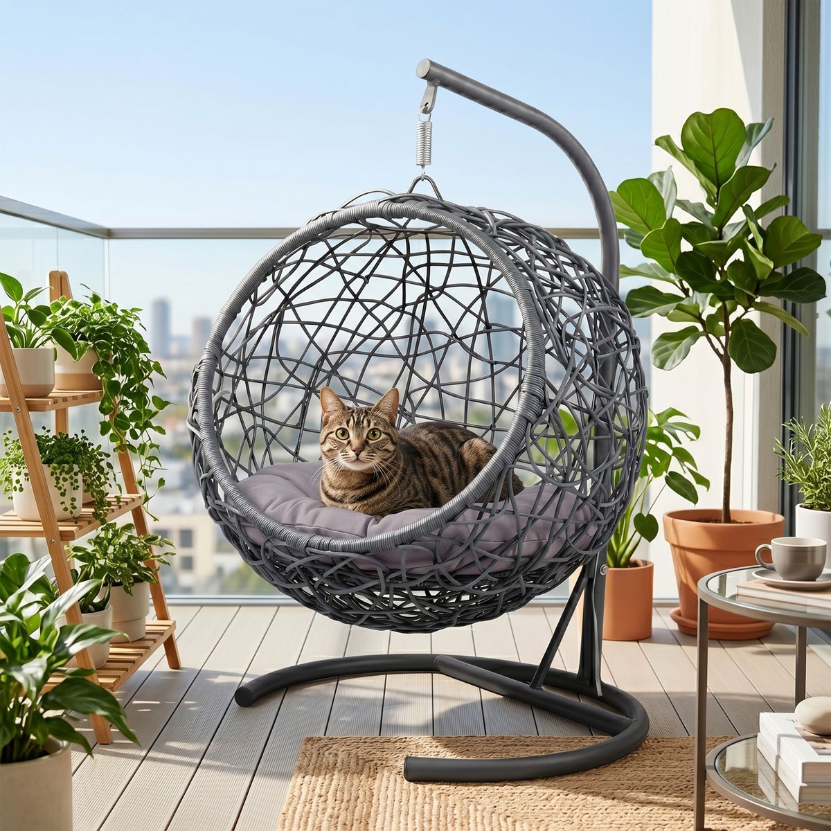 Wicker-Look Hanging Cat Egg Chair with Stand — view 3