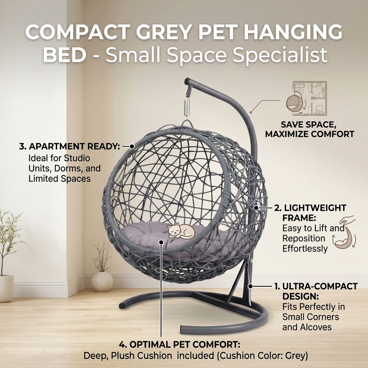 Wicker-Look Hanging Cat Egg Chair with Stand — view 4