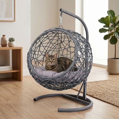 Wicker-Look Hanging Cat Egg Chair with Stand