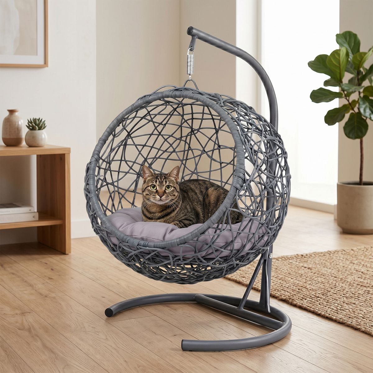 Wicker-Look Hanging Cat Egg Chair with Stand