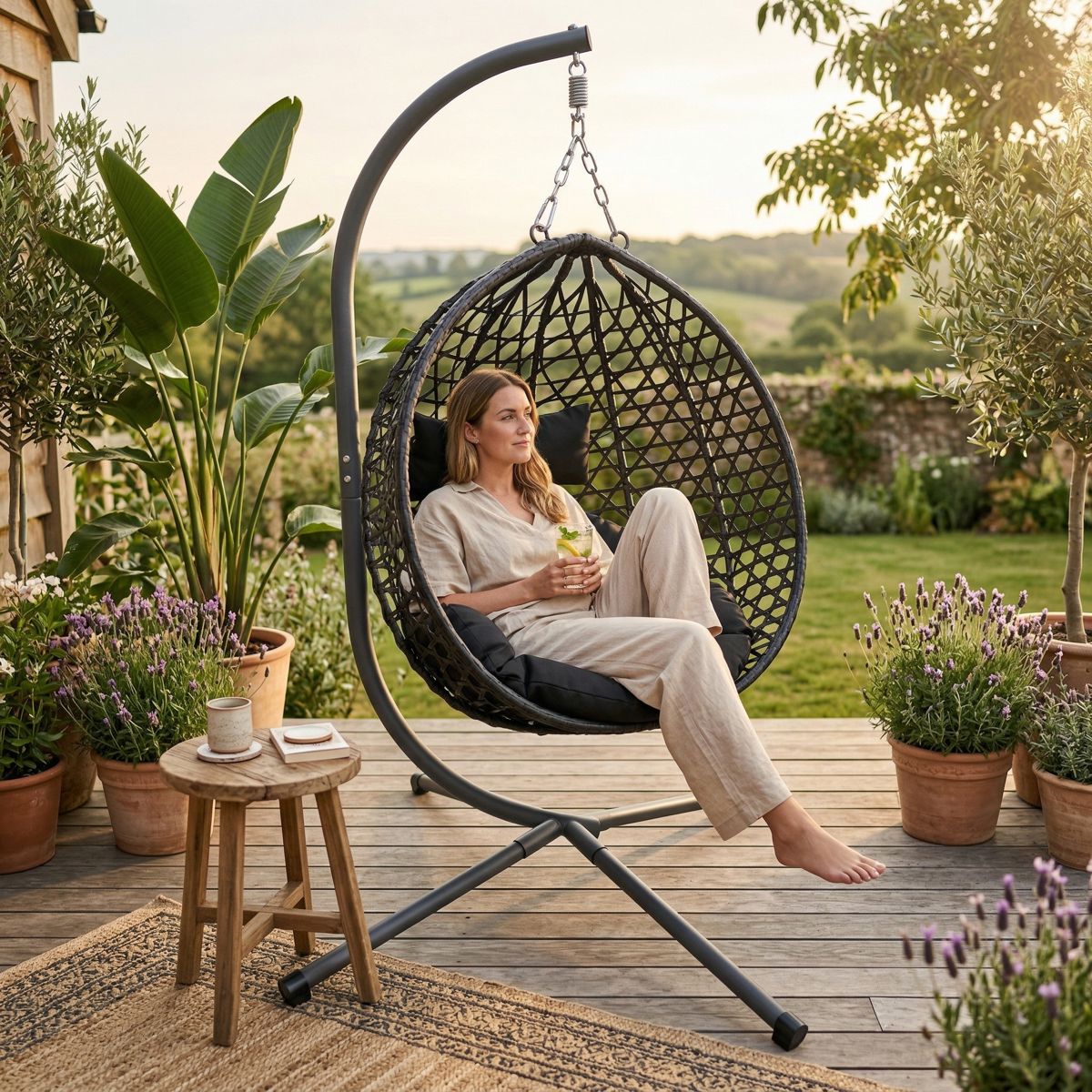 Folding Rattan Hanging Egg Chair with Stand — view 2