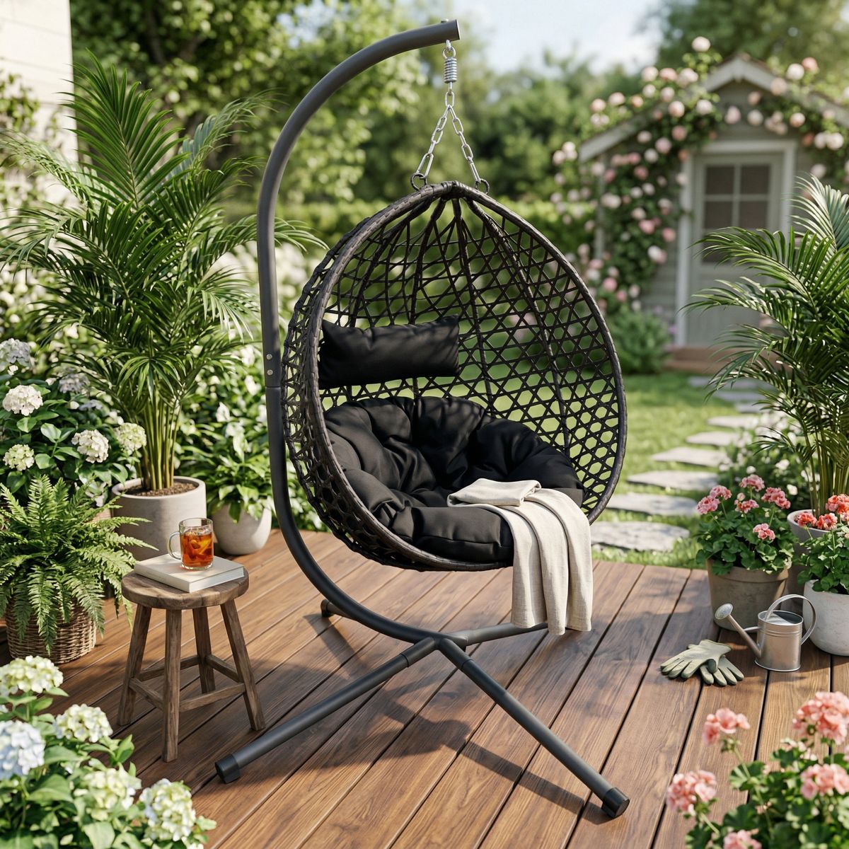 Folding Rattan Hanging Egg Chair with Stand — view 3