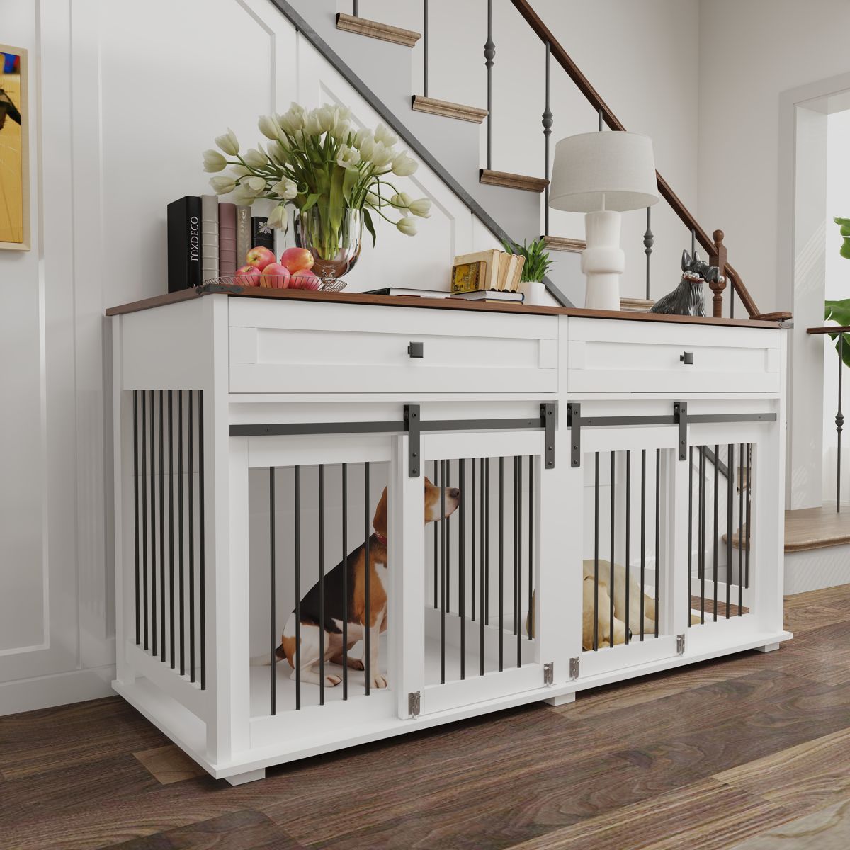 63-Inch Double Dog Crate Furniture with Drawers — view 2