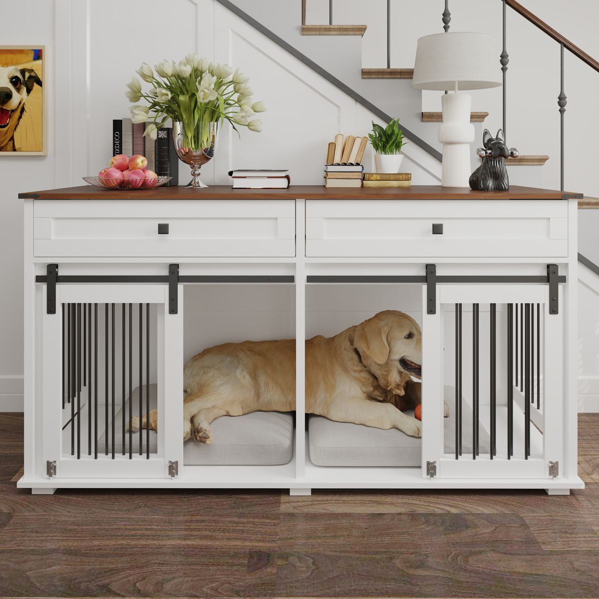 63-Inch Double Dog Crate Furniture with Drawers — view 3