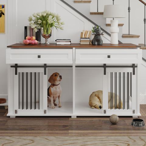 63-Inch Double Dog Crate Furniture with Drawers
