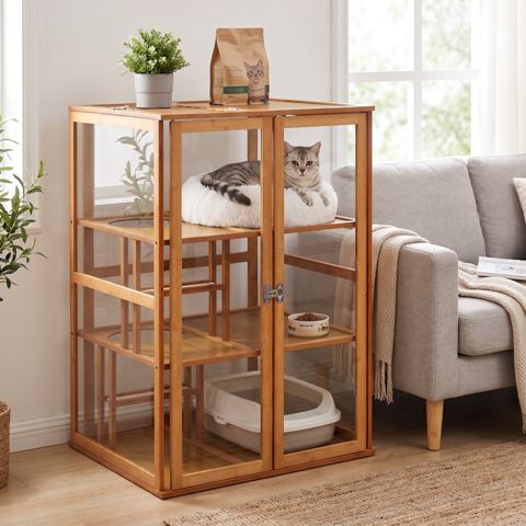 Bamboo Indoor Cat Enclosure with Clear Panels