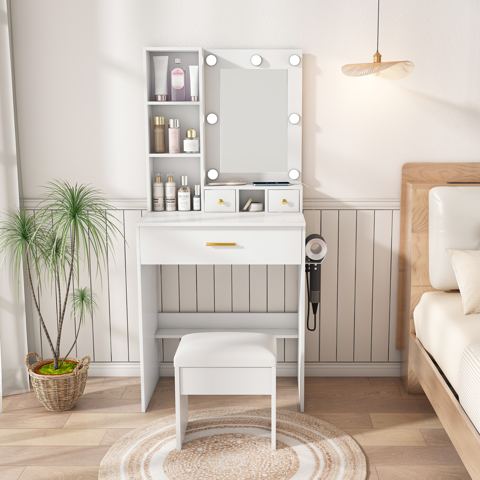 Compact LED Vanity with Outlet and Stool